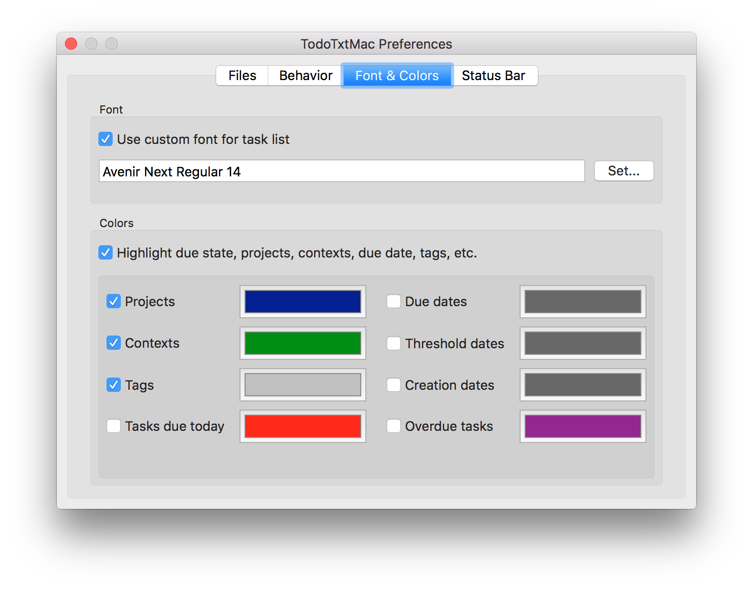 TodoTxtMac Font and Colors Preferences Screenshot