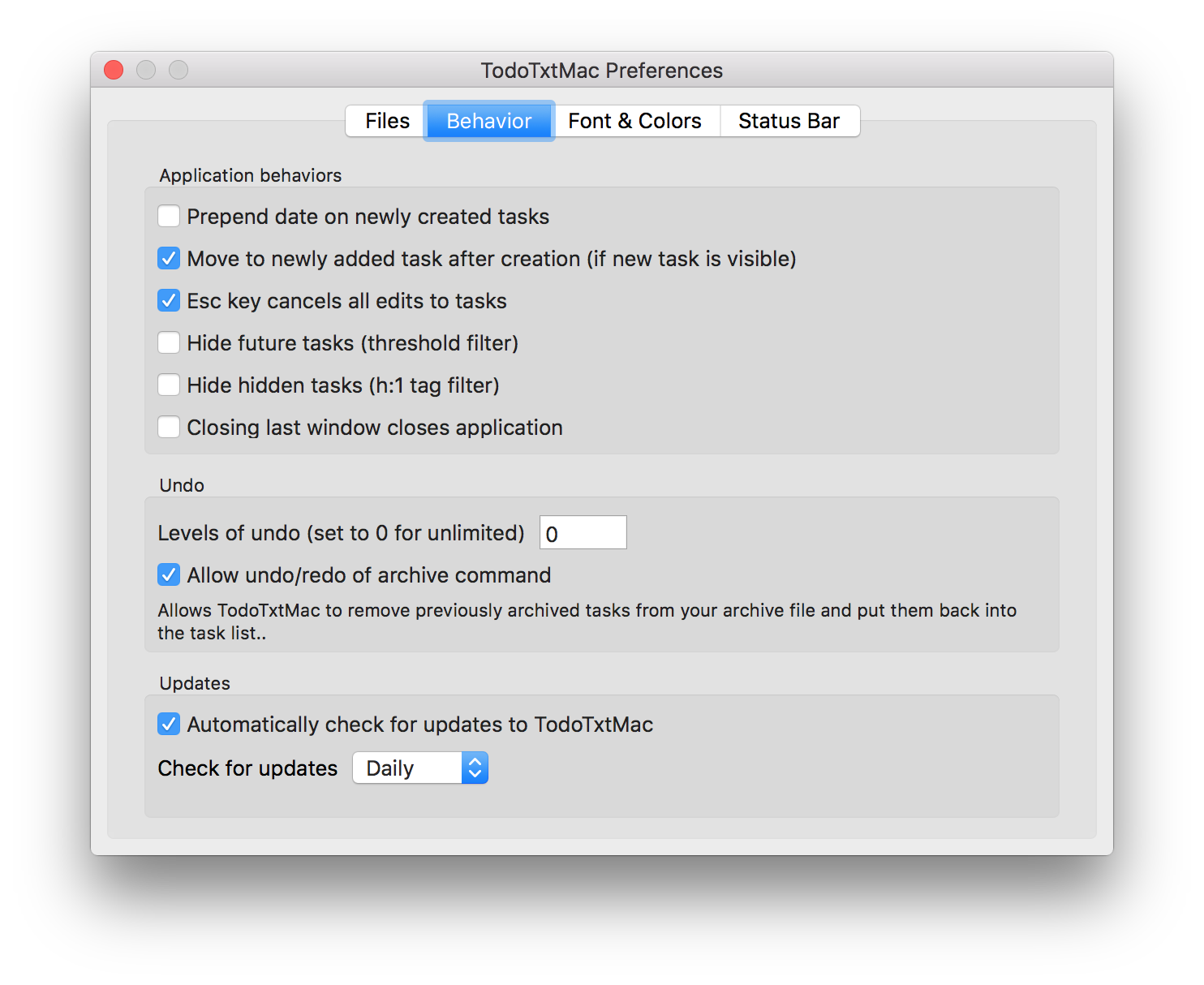 TodoTxtMac Behavior Preferences Screenshot