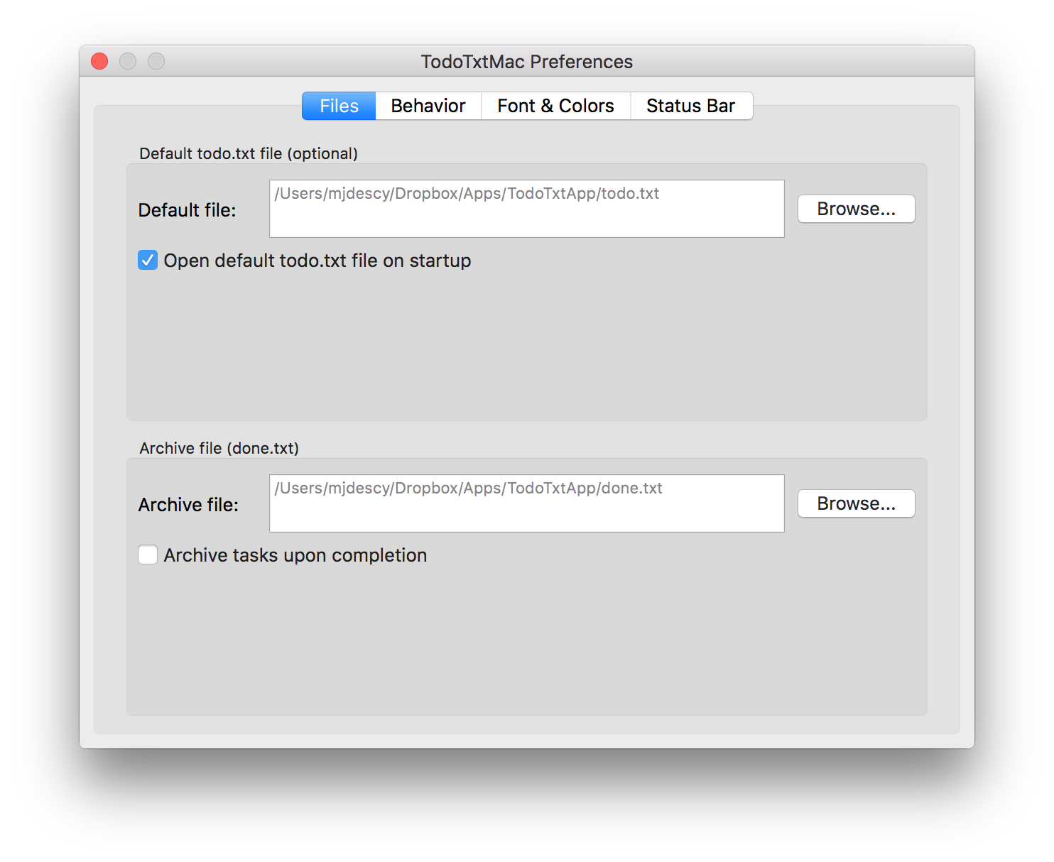 TodoTxtMac Files Preferences Screenshot